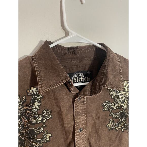 Affliction Gold Lion Brown Long Sleeve Button Up Graphic Print Men's Size M - Picture 2 of 11